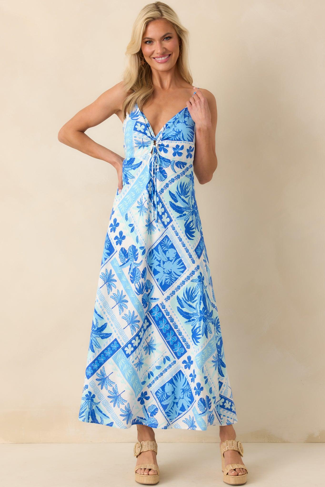 A Little Bit Brighter Blue Tropical Patchwork Print Maxi Dress Product Image