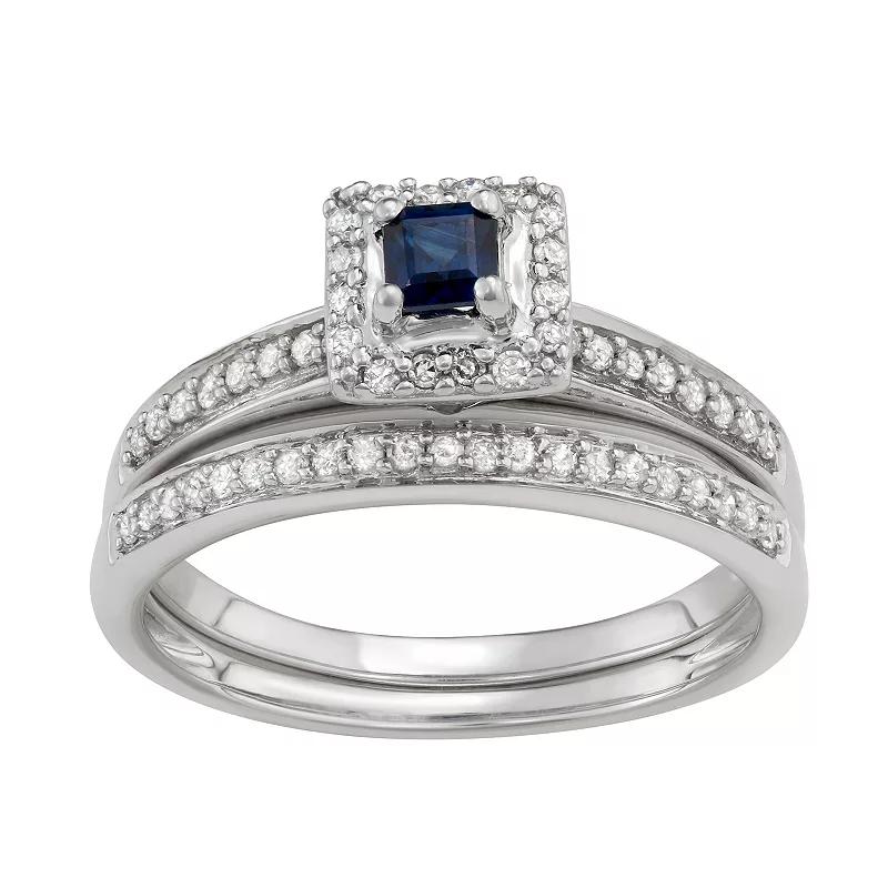 10k White Gold 1/3 Carat T.W. Diamond & Gemstone Square Halo Engagement Ring Set, Women's, Size: 8, Blue Blue Product Image