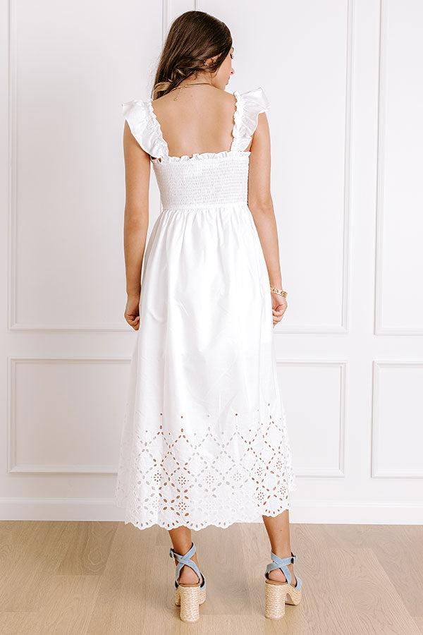 Call It Serendipity Smocked Eyelet Midi Dress in White Product Image