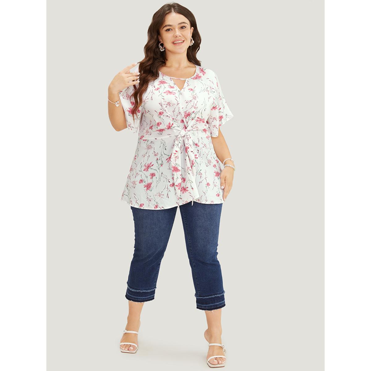 Plus Size Ivory Floral Ruffle Knyhole Raglan Sleeve Knotted Front Blouse Women Elegant Short sleeve Round Neck Dailywear Blouses BloomChic 10/M Product Image