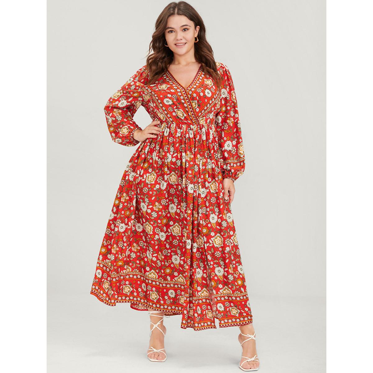 Plus Size Floral Split Pocket Wrap Lantern Sleeve Ruffled Maxi Dress Red Women Vacation Wrap V-neck Long Sleeve Curvy Long Dress BloomChic 12/L Product Image