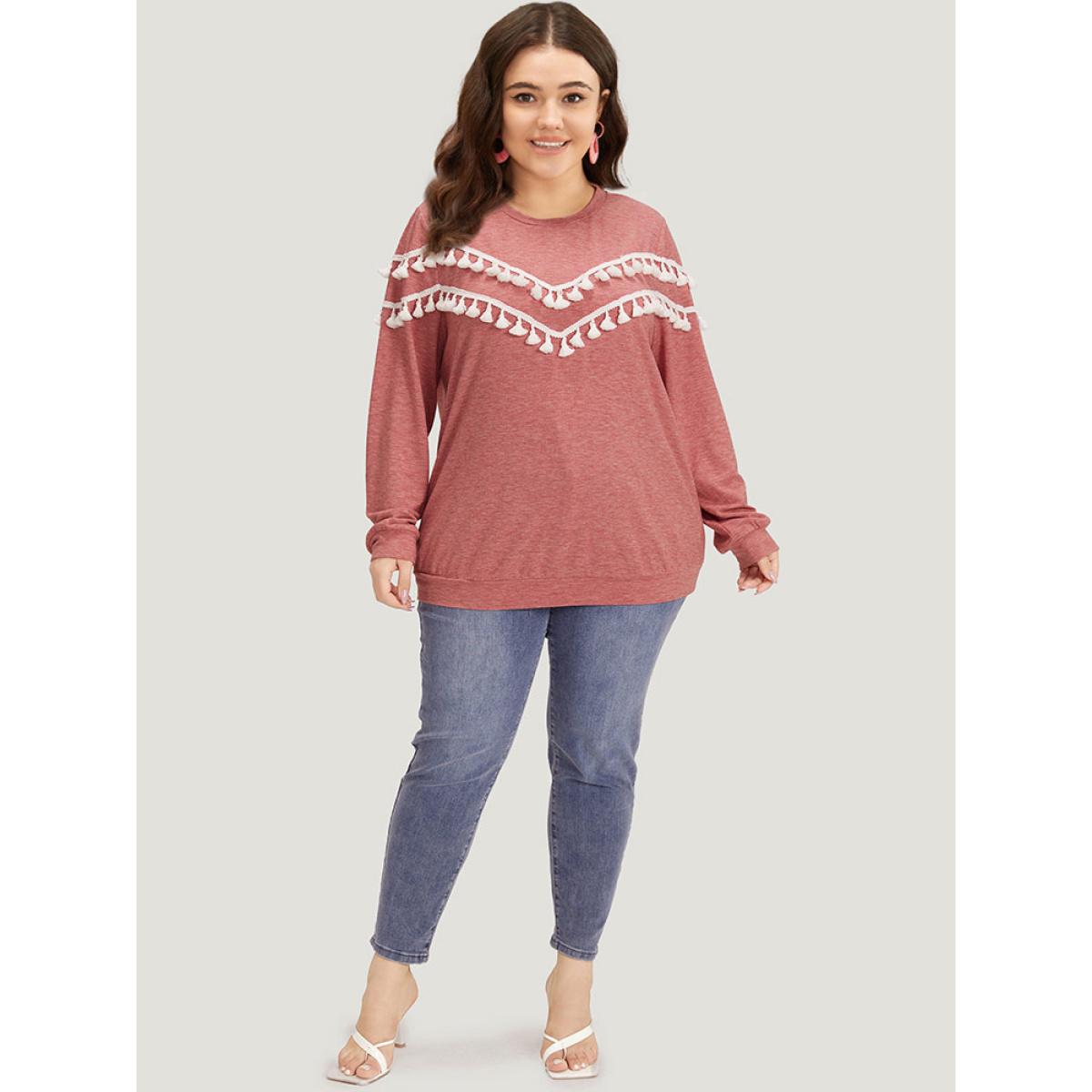 Plus Size plain Heather Crew Neck Tassel Trim Sweatshirt Women Russet Elegant Elastic cuffs Round Neck Dailywear Sweatshirts BloomChic 12/L Product Image