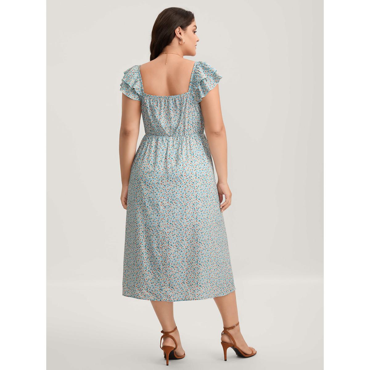 Plus Size Ditsy Floral Print Layered Ruffle Midi Dress Skyblue Women Slit Heart neckline Cap Sleeve Curvy BloomChic 18-20/2X Product Image