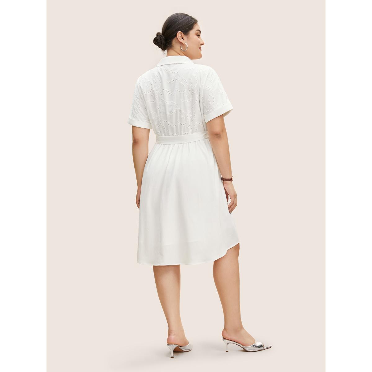 Plus Size Broderie Anglaise Shirt Collar Belted Dress Originalwhite Women Work From Home Belted Shirt collar Short sleeve Curvy BloomChic 22-24/3X Product Image