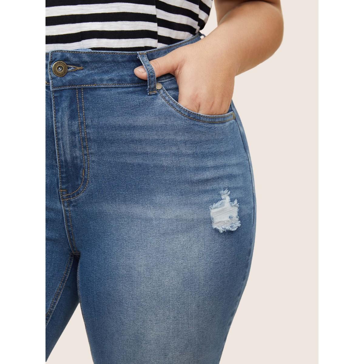 Plus Size Light Wash Distressed Roll Hem Jeans Women Blue Casual Roll Hem High stretch Pocket Jeans BloomChic 16/1X Product Image