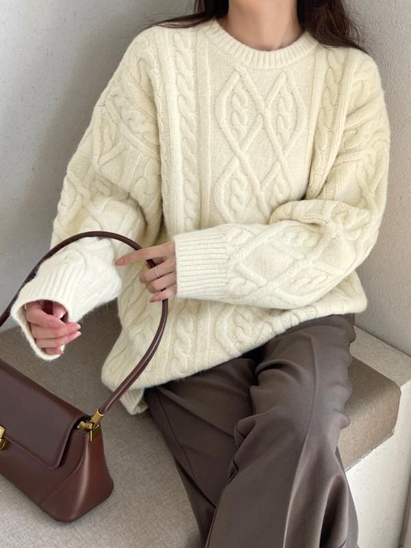 Crew Neck Cable Knit Pullover Sweater Product Image