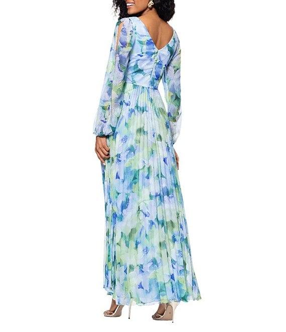 Betsy & Adam Pleated Chiffon Floral Print V-Neck Long Sleeve Fit and Flare Gown Product Image
