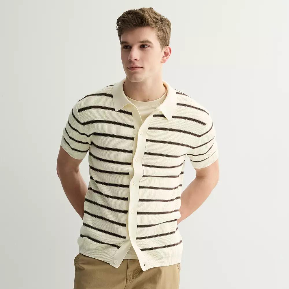 Men's Retrofit Striped Rib Short Sleeve Button-Down Shirt, Size: Small, Natural Product Image