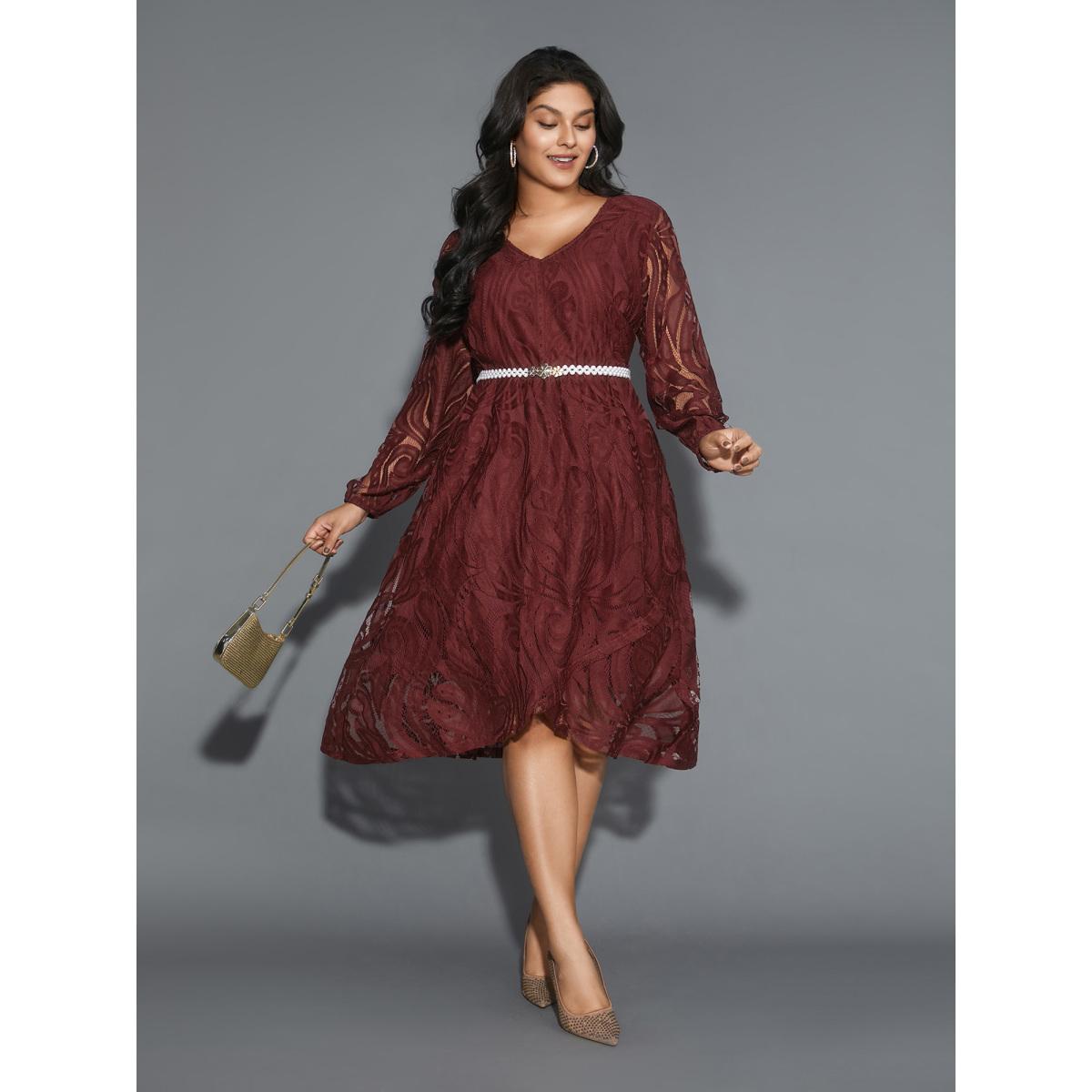 Plus Size Crochet Lace Mesh Lantern Sleeve Dress Burgundy Women Cocktail Overlapping Party Curvy Bloomchic 30/6X Product Image