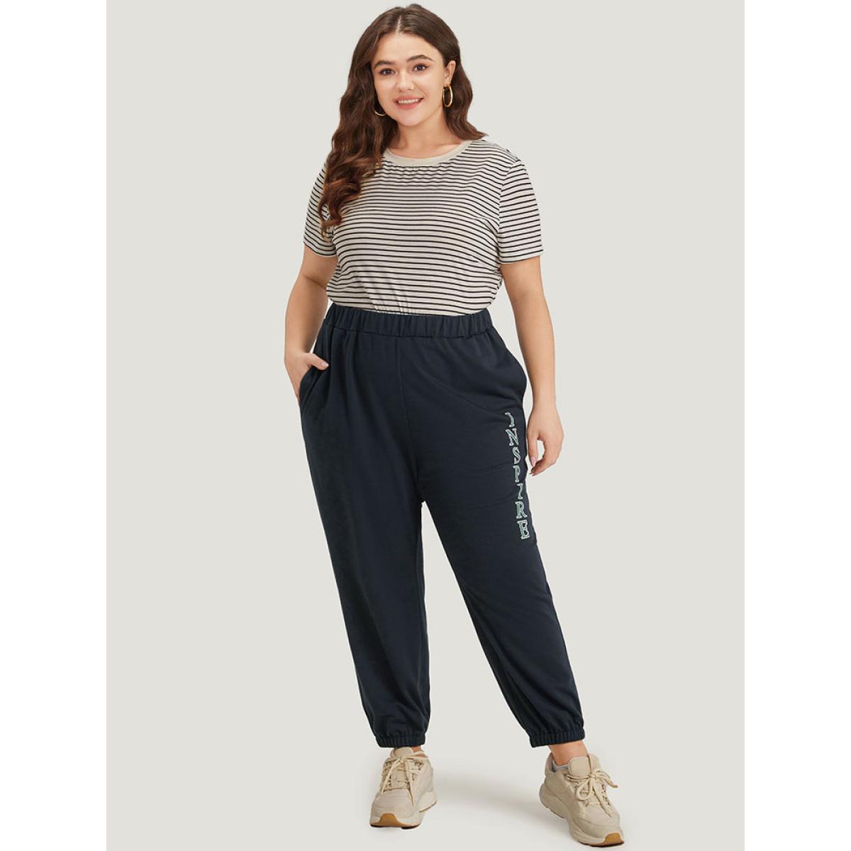 Letter Print Contrast Pocket Elastic Waist Sweatpants Midnight Plus Size Women Casual Dailywear Plain 28/5X Bloomchic Product Image
