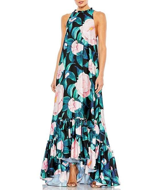 Mac Duggal Floral Print Ruffled Crew Neck Sleeveless High-Low Hem Gown Product Image