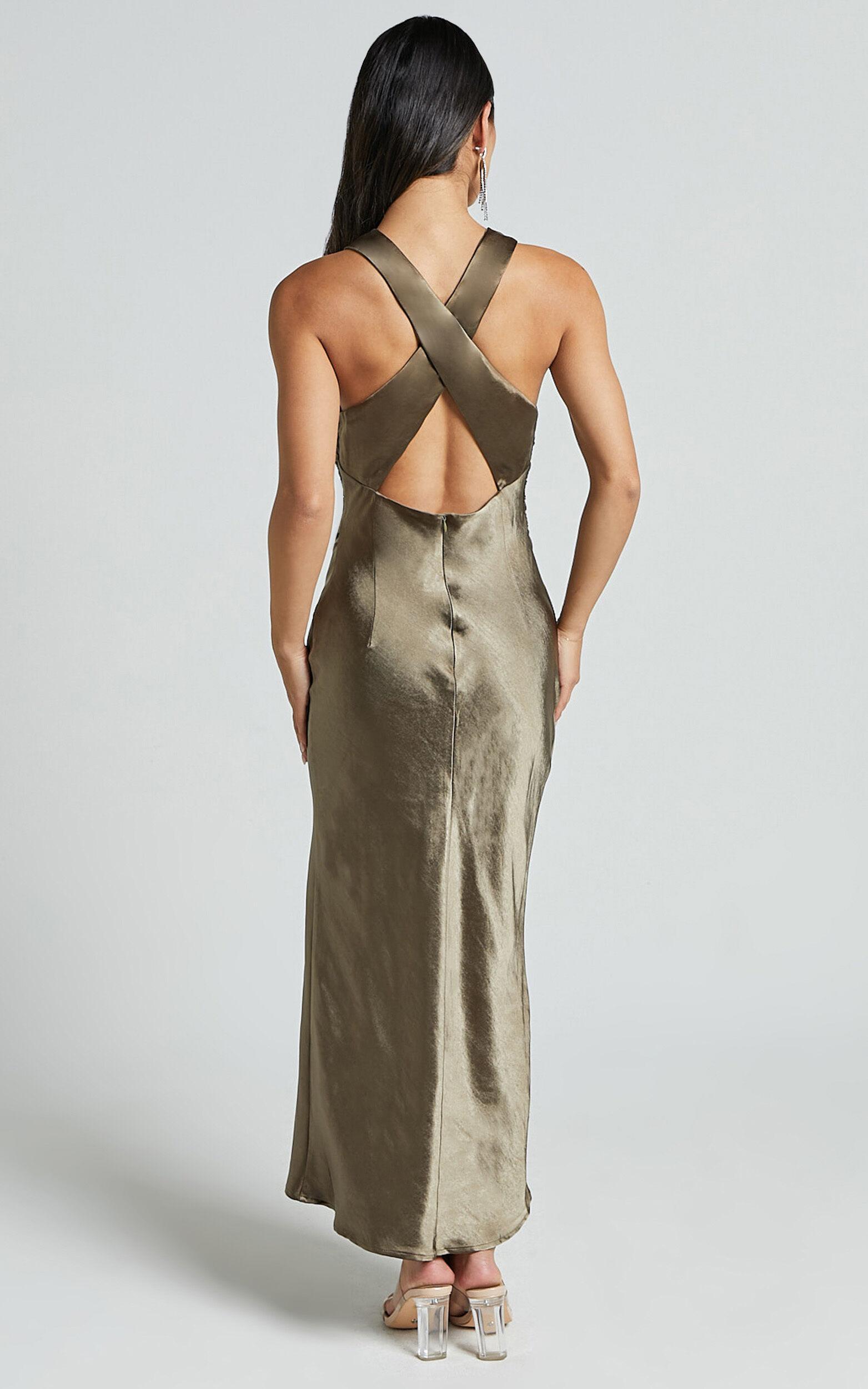 Aluna Midi Dress - High Neck Cross Back Satin Slip Dress in Olive Product Image