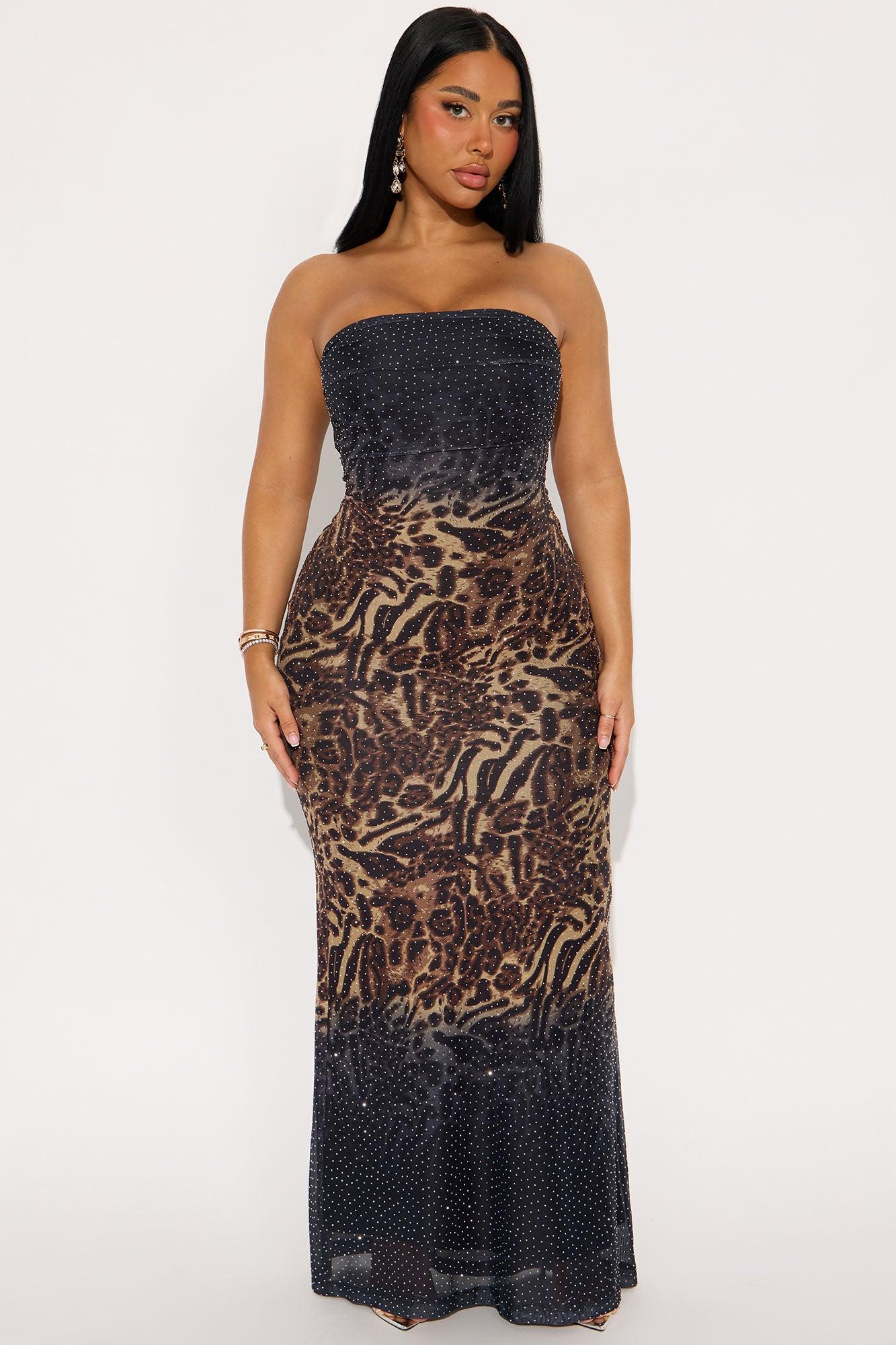 On The Wild Side Rhinestone Maxi Dress - Brown/combo Product Image