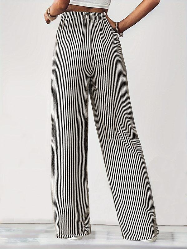 Loose Drawstring Elasticity Pockets Split-Joint Striped Pants Trousers Product Image