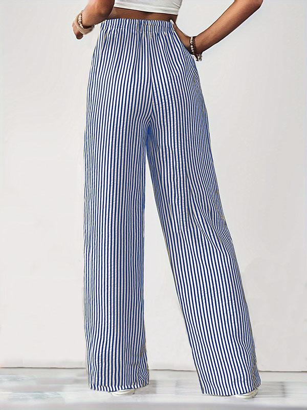 Loose Drawstring Elasticity Pockets Split-Joint Striped Pants Trousers Product Image