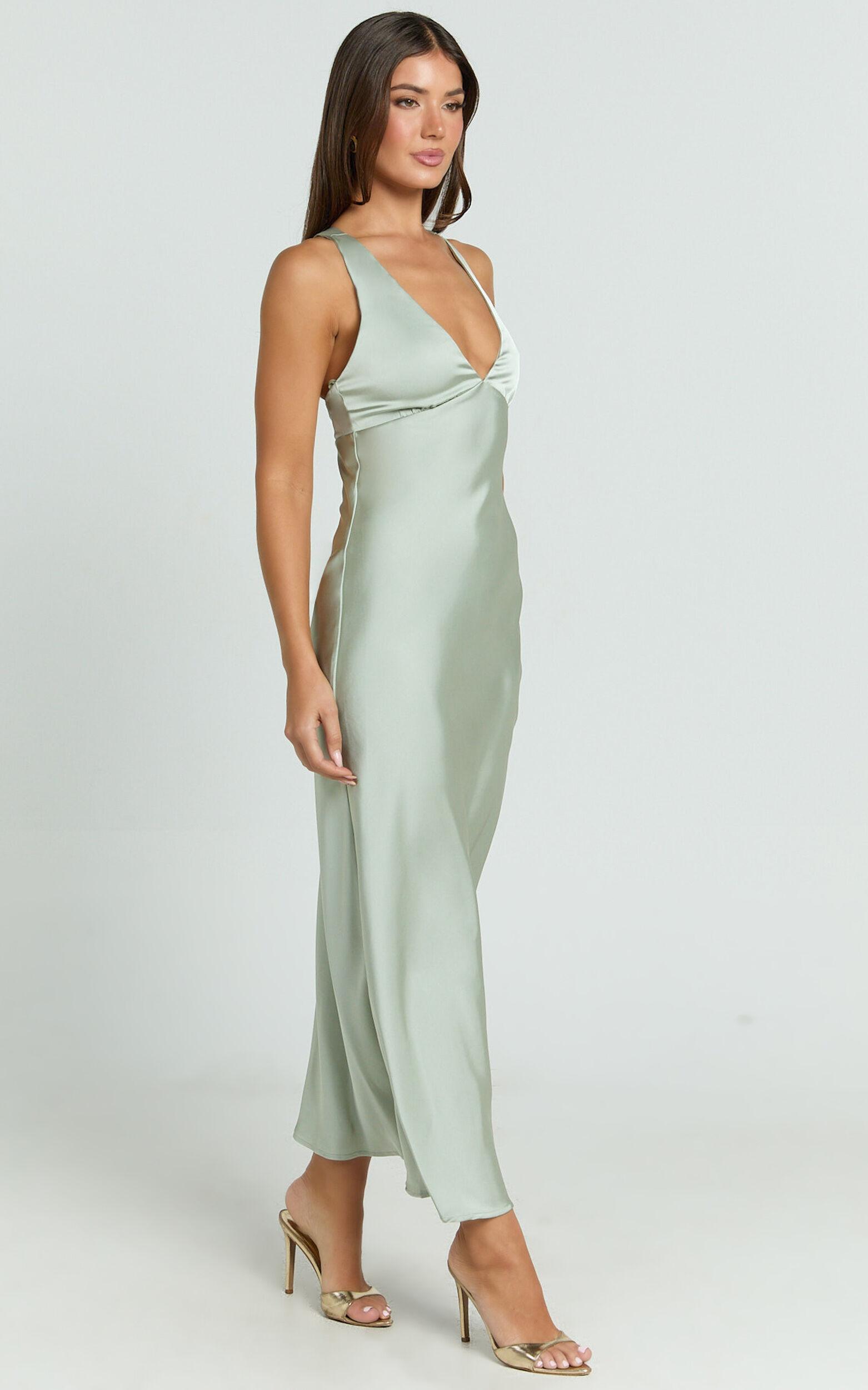 Khalani Midi Dress - Deep V Neck Satin Slip Dress in Sage Product Image