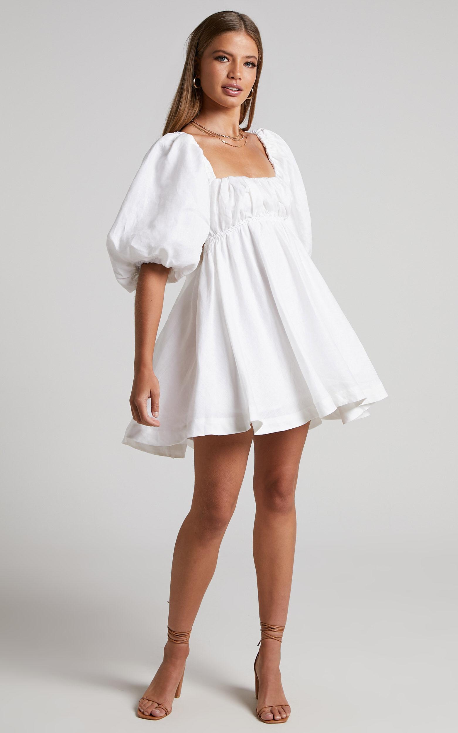 Amalie The Label - Hamyya Linen Tie Back Puff Sleeve Mini Linen Dress in White Product Image