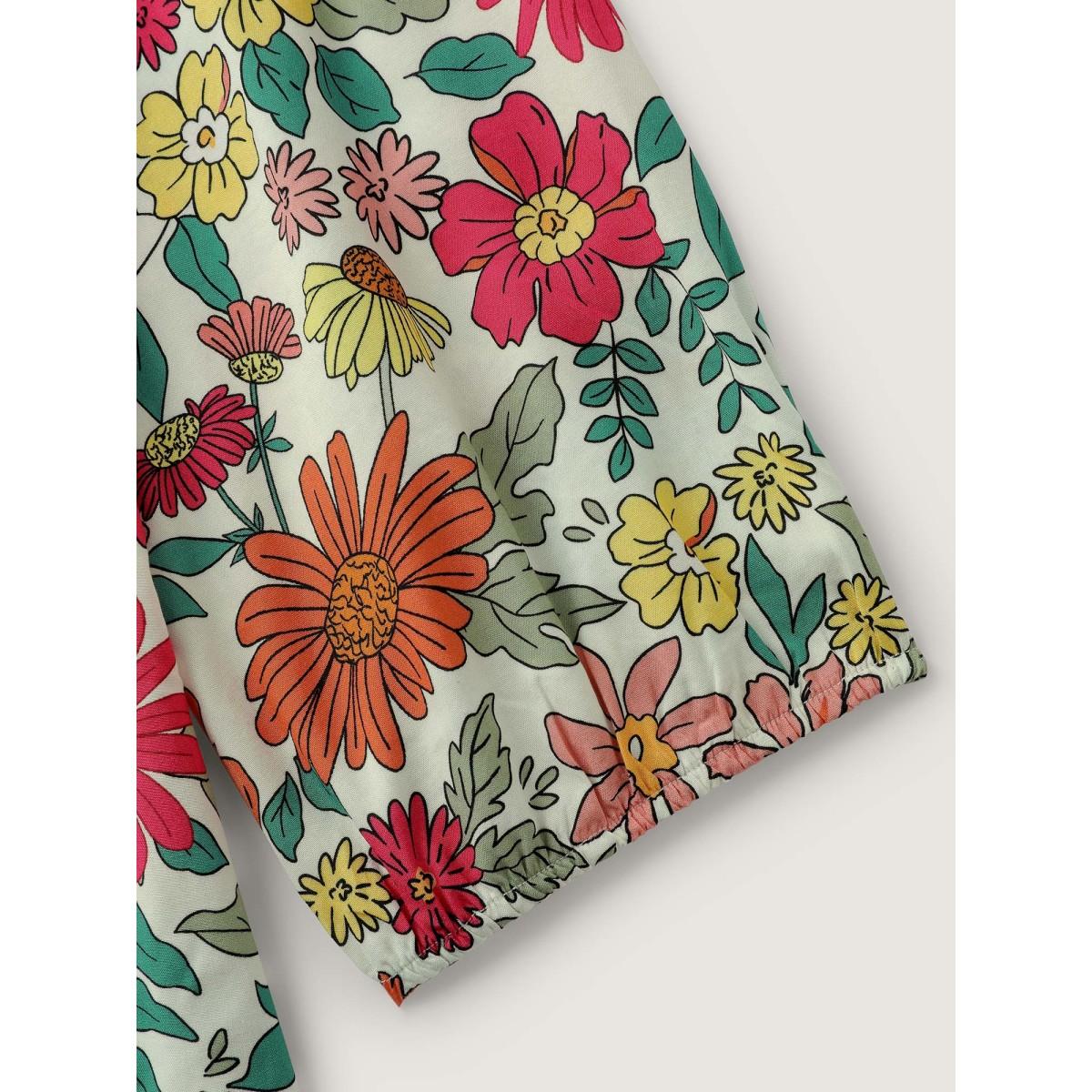 Plus Size Multicolor Supersoft Large Floral Print Pleated Neck Blouse Women Playful Elbow-length sleeve Notched collar Casual Blouses BloomChic 28/5X Product Image