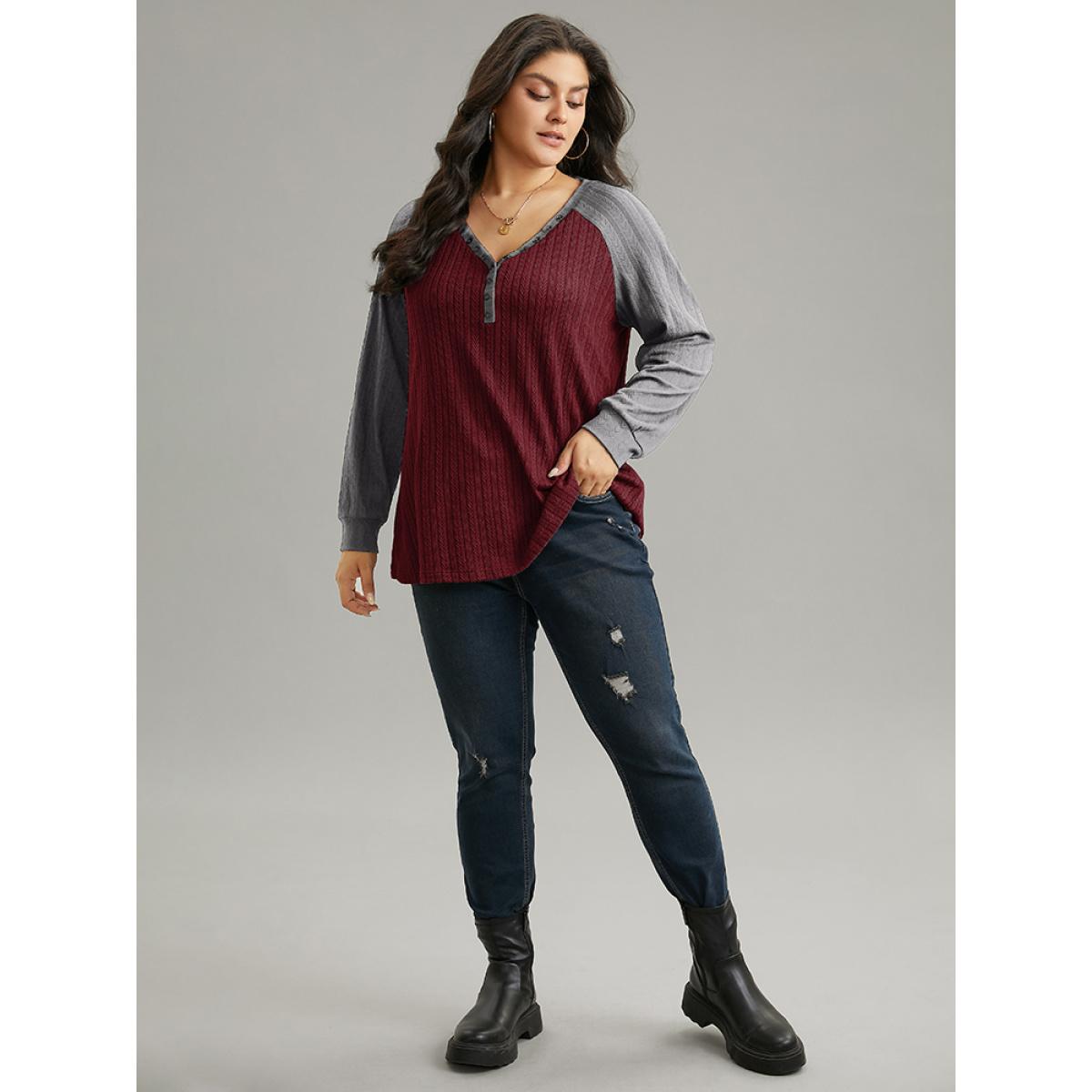 Plus Size Textured Contrast Button Detail Raglan Sleeve Sweatshirt Women Burgundy Casual Texture V-neck Dailywear Sweatshirts BloomChic 22-24/3X Product Image
