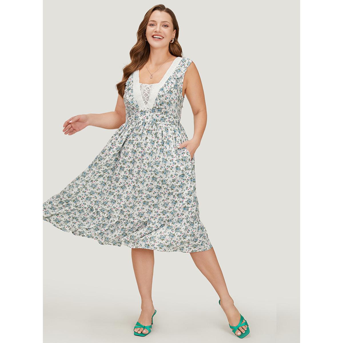 Plus Size Ditsy Floral Ruffles Pocket Empire Waist Crochet Lace Tank Dress WhiteSmoke Women Elegant Gathered V-neck Sleeveless Curvy Midi Dress BloomChic 14-16/1X Product Image