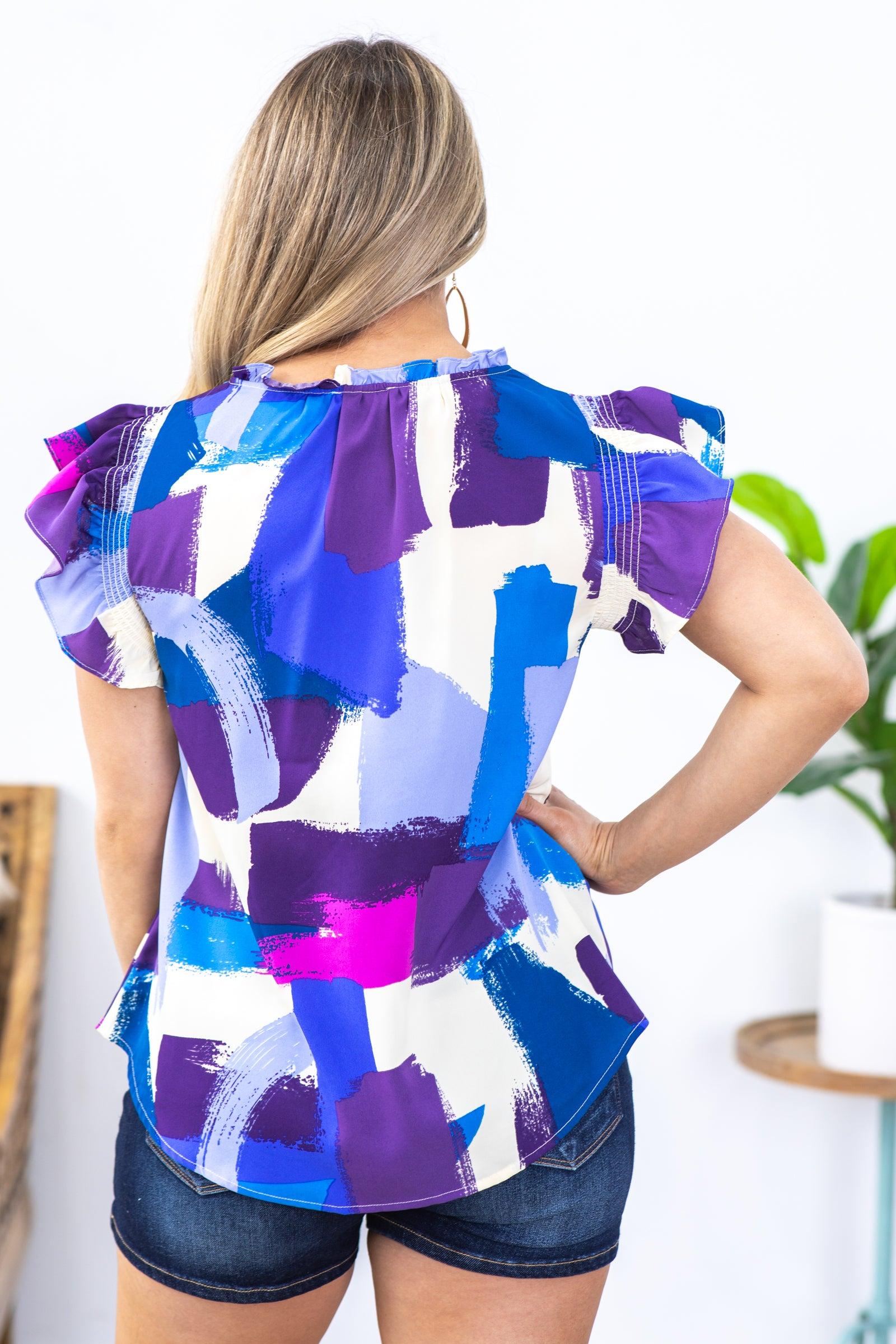 Violet Brush Stroke Print V-Neck Woven Top Product Image