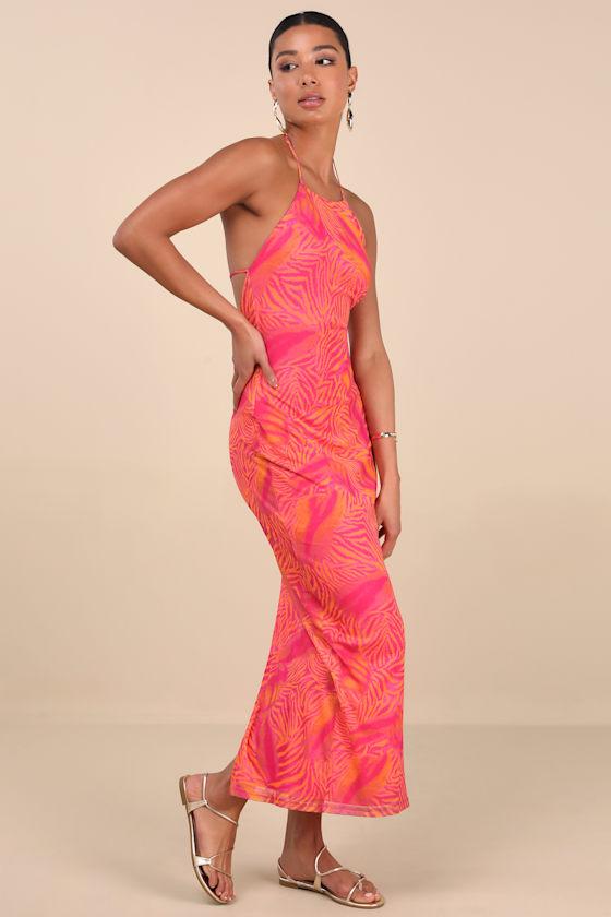 Camadi Hot Pink Animal Print Mesh Backless Midi Dress Product Image