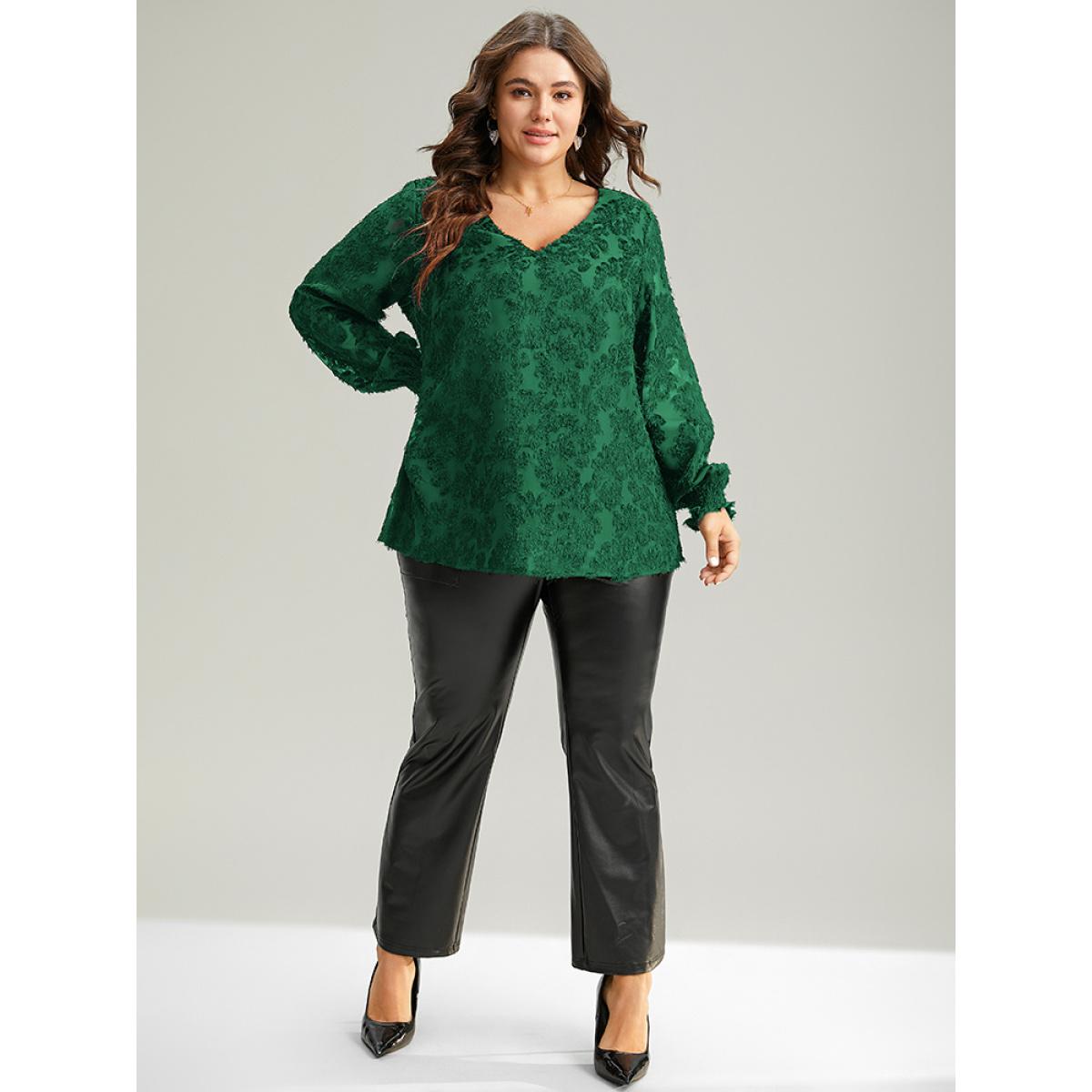 Plus Size DarkGreen Plain Appliques Mesh V Neck Shirred Blouse Women Party&Cocktail Long Sleeve V-neck Party Blouses BloomChic 14-16/1X Product Image