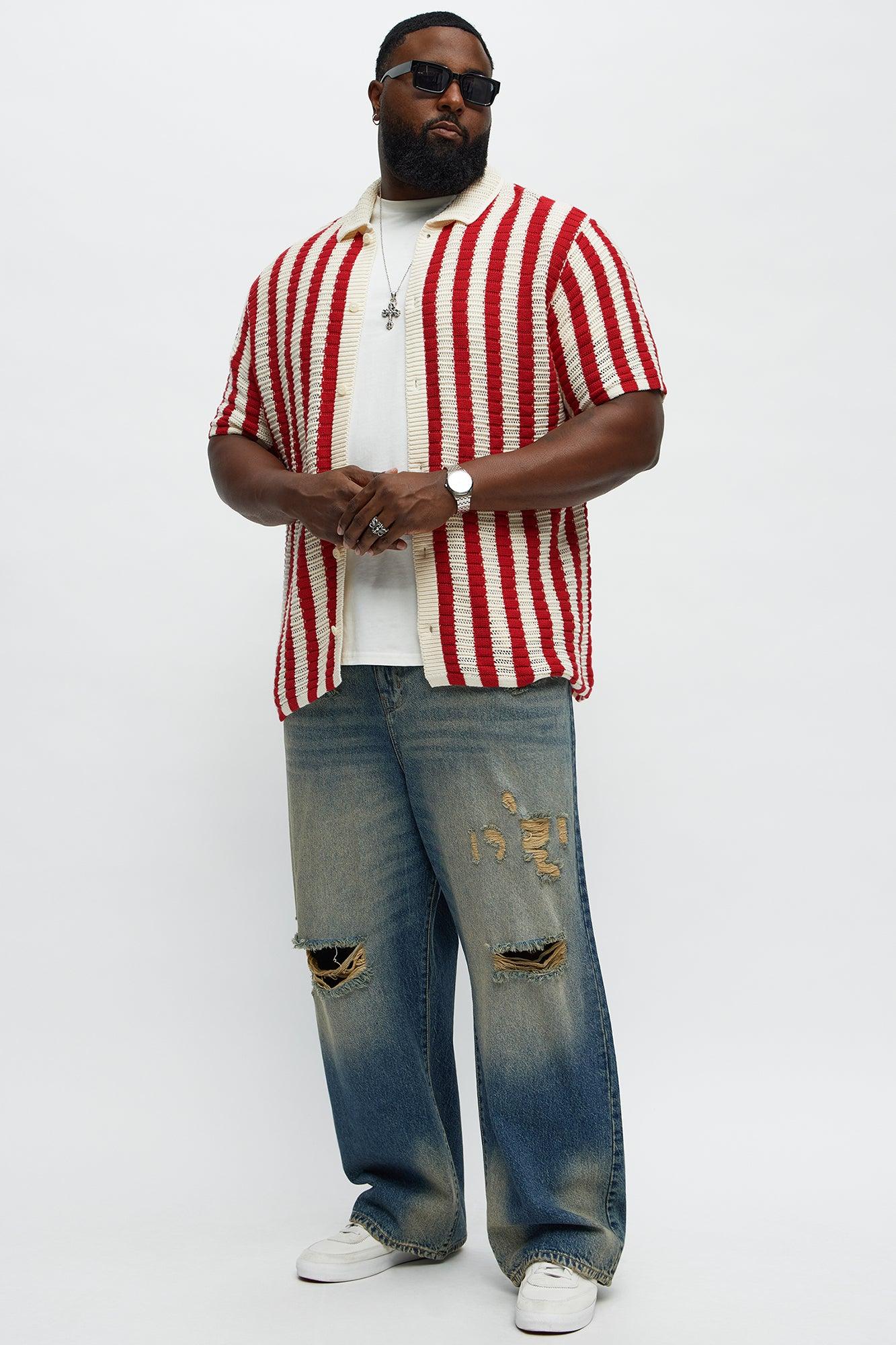 Clark Striped Knit Button up Shirt - Red/combo Product Image