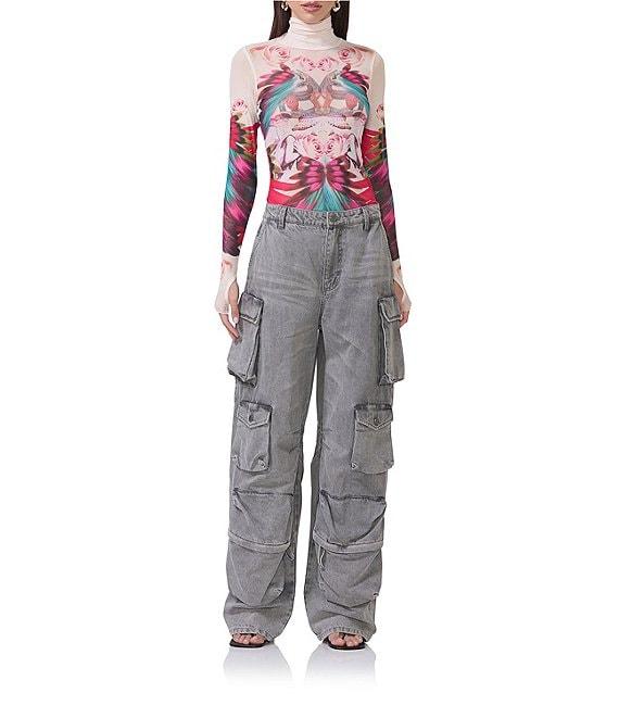 AFRM Zadie Feather Multi Print Mesh Mock Neck Long Sleeve Top Product Image