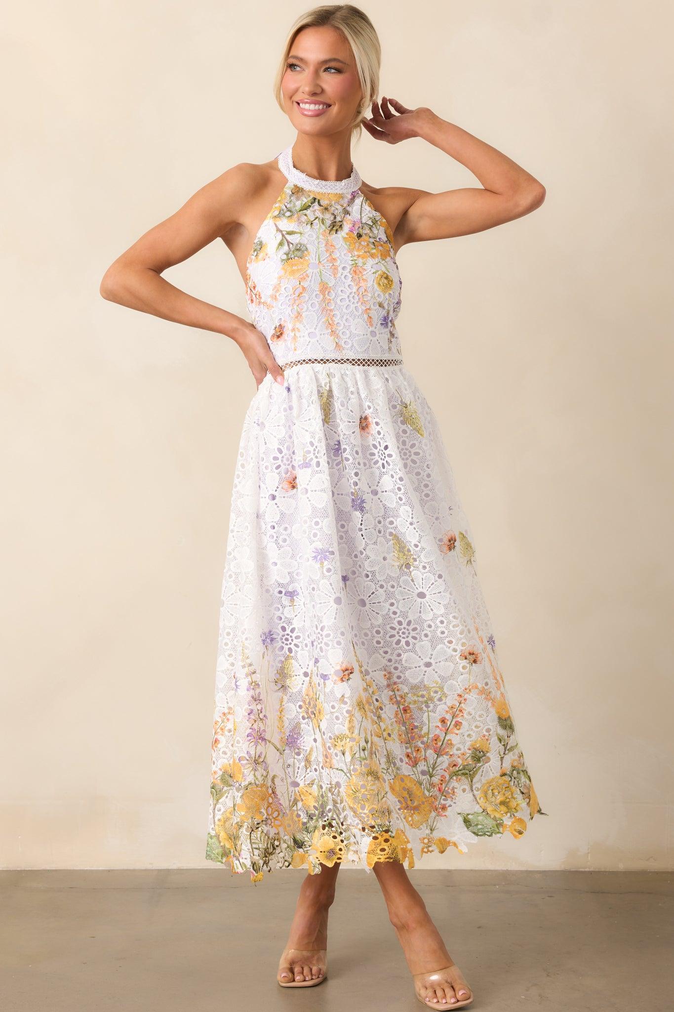 Twirl Me Lavender Floral Embroidered Halter Midi Dress Product Image