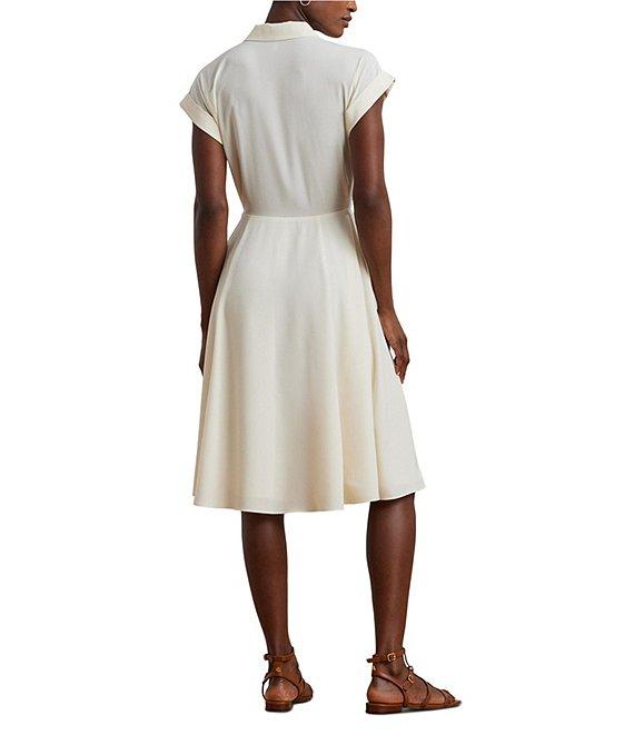 Lauren Ralph Lauren Crepe Camp Collar Neck Short Sleeve Belted Shirt Knee Length Dress Product Image