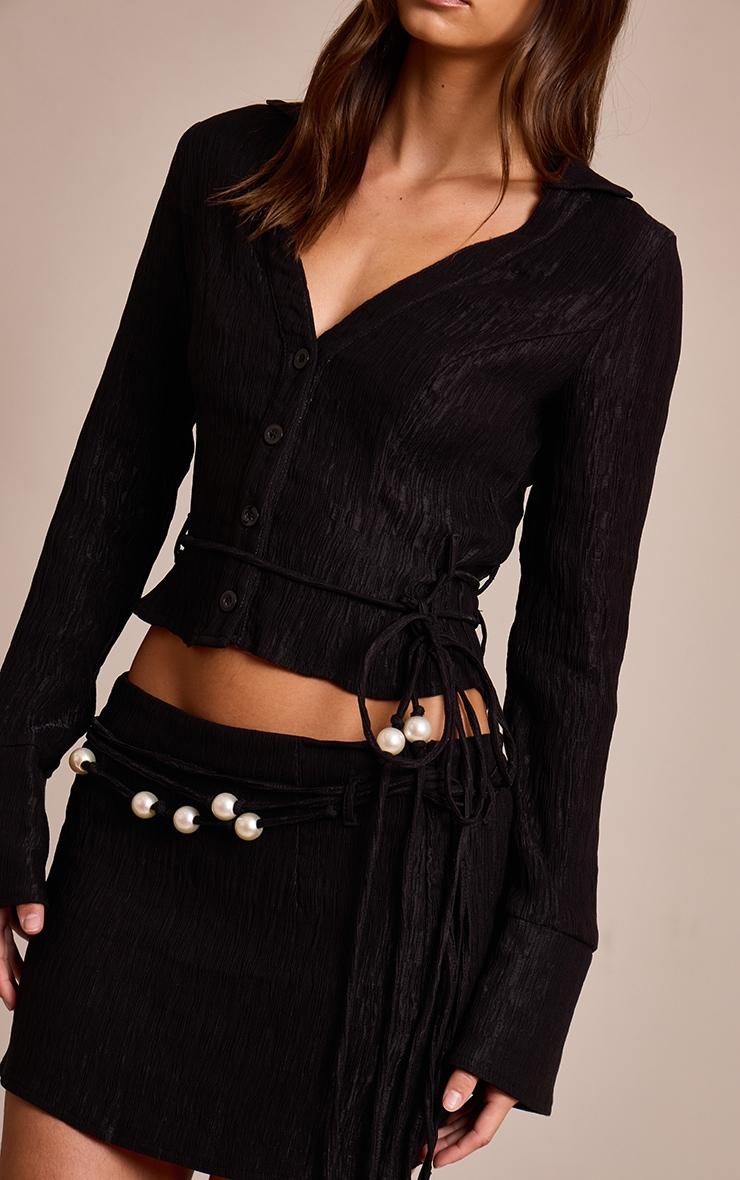 Black Crinkle Textured Bead Detail Mini Skirt Product Image