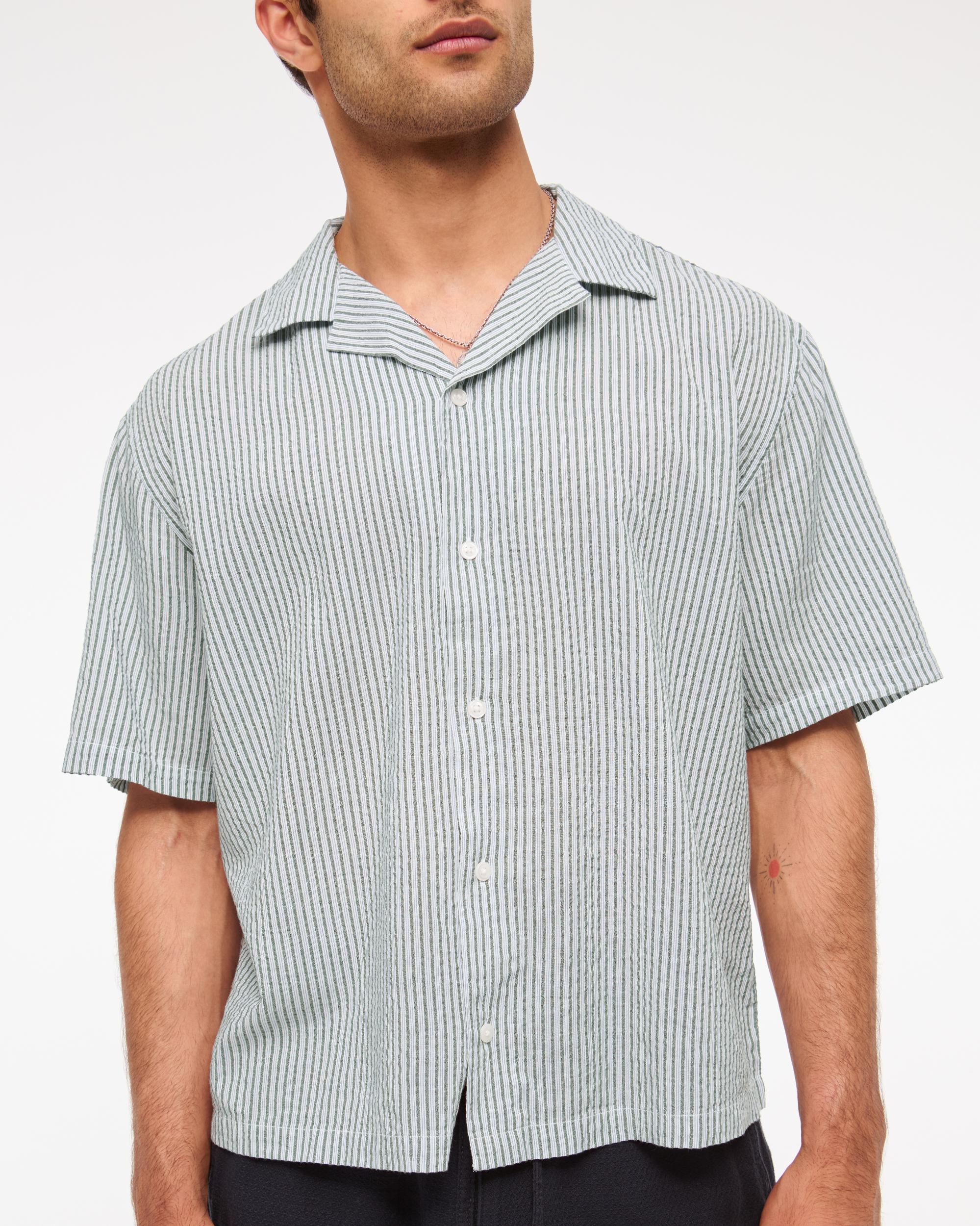Camp Collar Cropped Seersucker Shirt Product Image