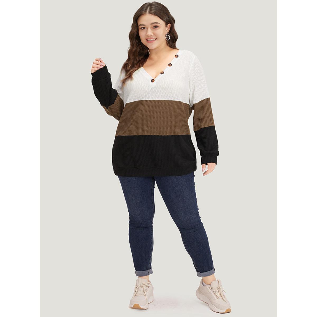 Plus Size Waffle Knit Patchwork Button Detail Contrast Sweatshirt Women Multicolor Leisure Elastic cuffs V-neck Casual Sweatshirts BloomChic 14-16/1X Product Image