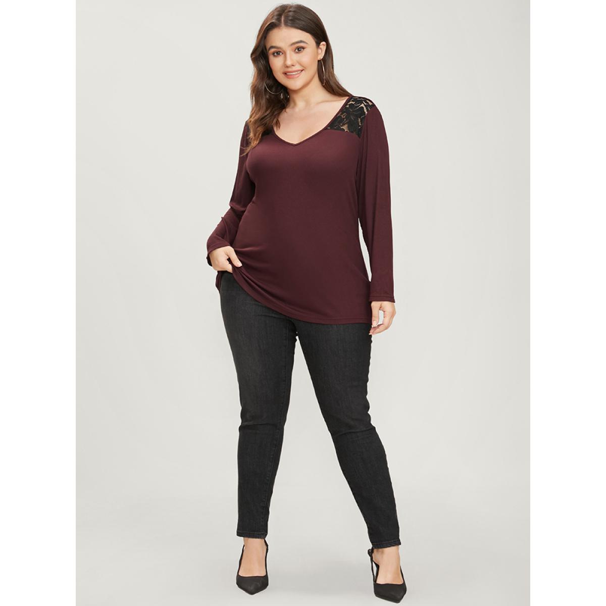 Plus Size Solid V Neck Contrast Lace Rib Knit Long Tee Scarlet Women Elegant Plain V-neck Dailywear T-shirts BloomChic 10/M Product Image