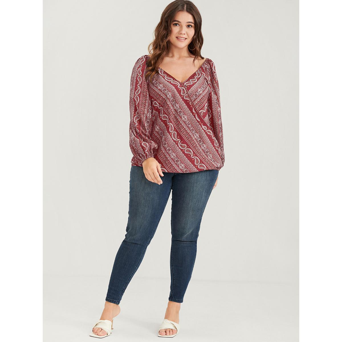 Plus Size Red Bandana Striped Lantern Sleeve Button Backless Wrap Blouse Women Elegant Long Sleeve V-neck Dailywear Blouses BloomChic 22-24/3X Product Image