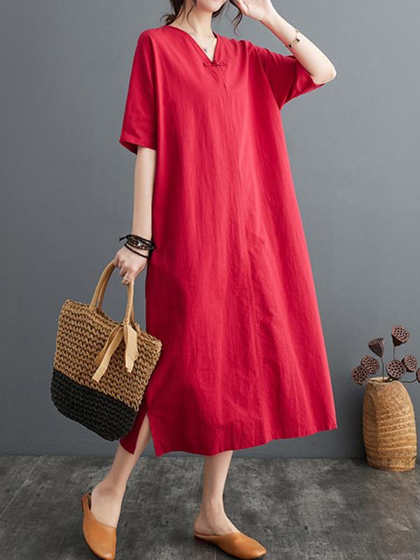 A-Line Loose Chinese Frog Buttons Pockets Solid Color Split-Side V-Neck Midi Dresses Product Image
