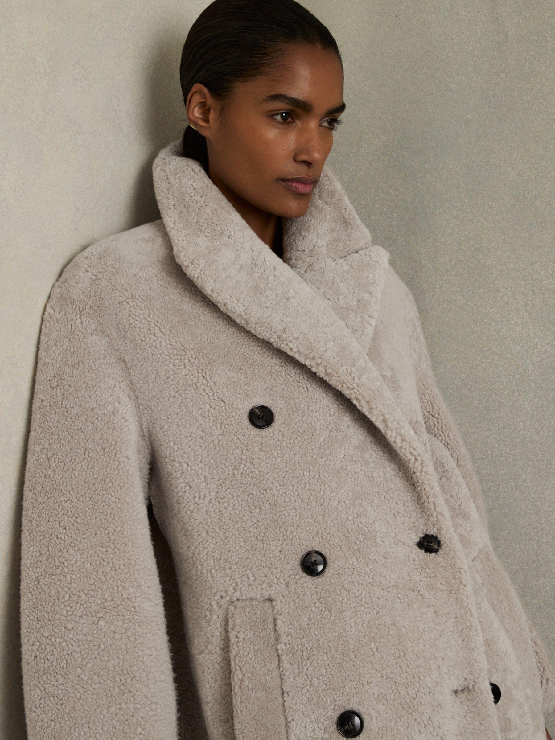 Double Breasted Long Shearling Coat in Neutral Product Image