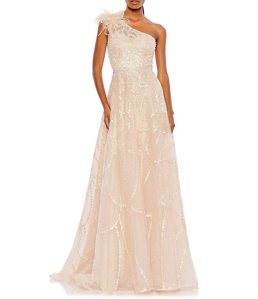 Mac Duggal Embellished Asymmetrical Neck Sleeveless Feather Shoulder A-Line Gown Product Image