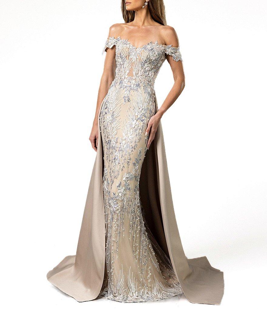 Terani Couture Off The Shoulder Lace Mermaid Gown With Over Skirt Product Image
