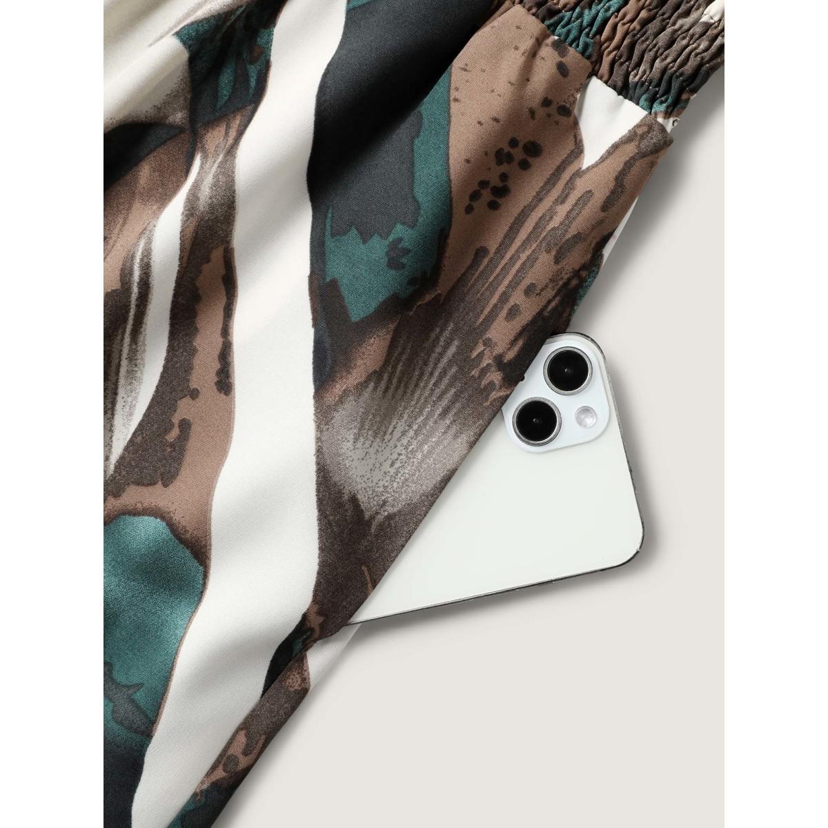 Plus Size Brushstroke Print Stretchy Waist Midi Skirt Women Apricot Office No stretch Side seam pocket Office Skirts BloomChic 12/L Product Image