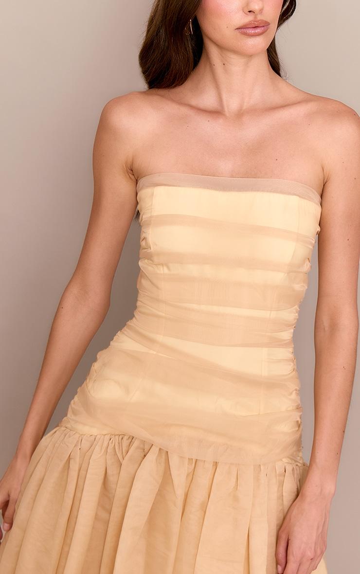 Yellow Organza Ruched Bodice Midi Dress Product Image