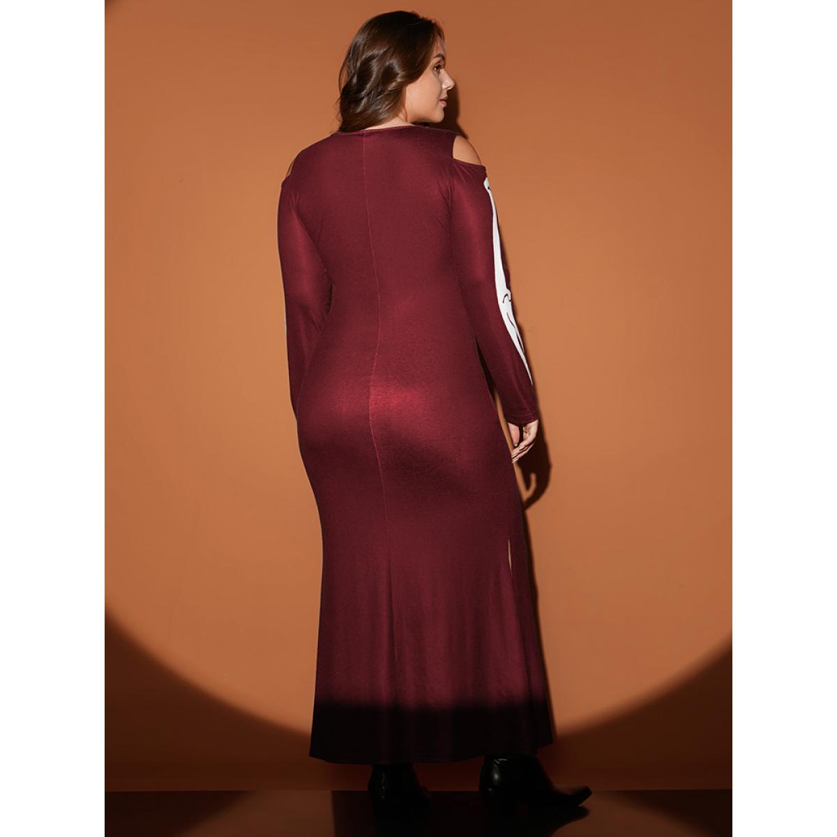 Plus Size Halloween Skeleton Print Cold Shoulder Split Hem Maxi Dress Burgundy Women Casual Printed Cold Shoulder Long Sleeve Curvy Long Dress BloomChic 12/L Product Image