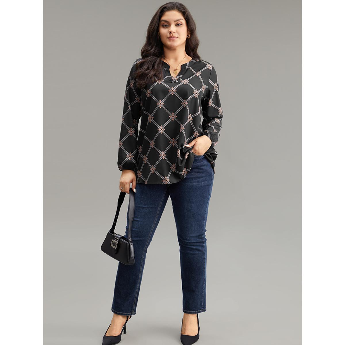Plus Size BlackFlower Plaid Notched Elastic Cuffs Blouse Women Office Long Sleeve Notched collar Office Blouses BloomChic 18-20/2X Product Image