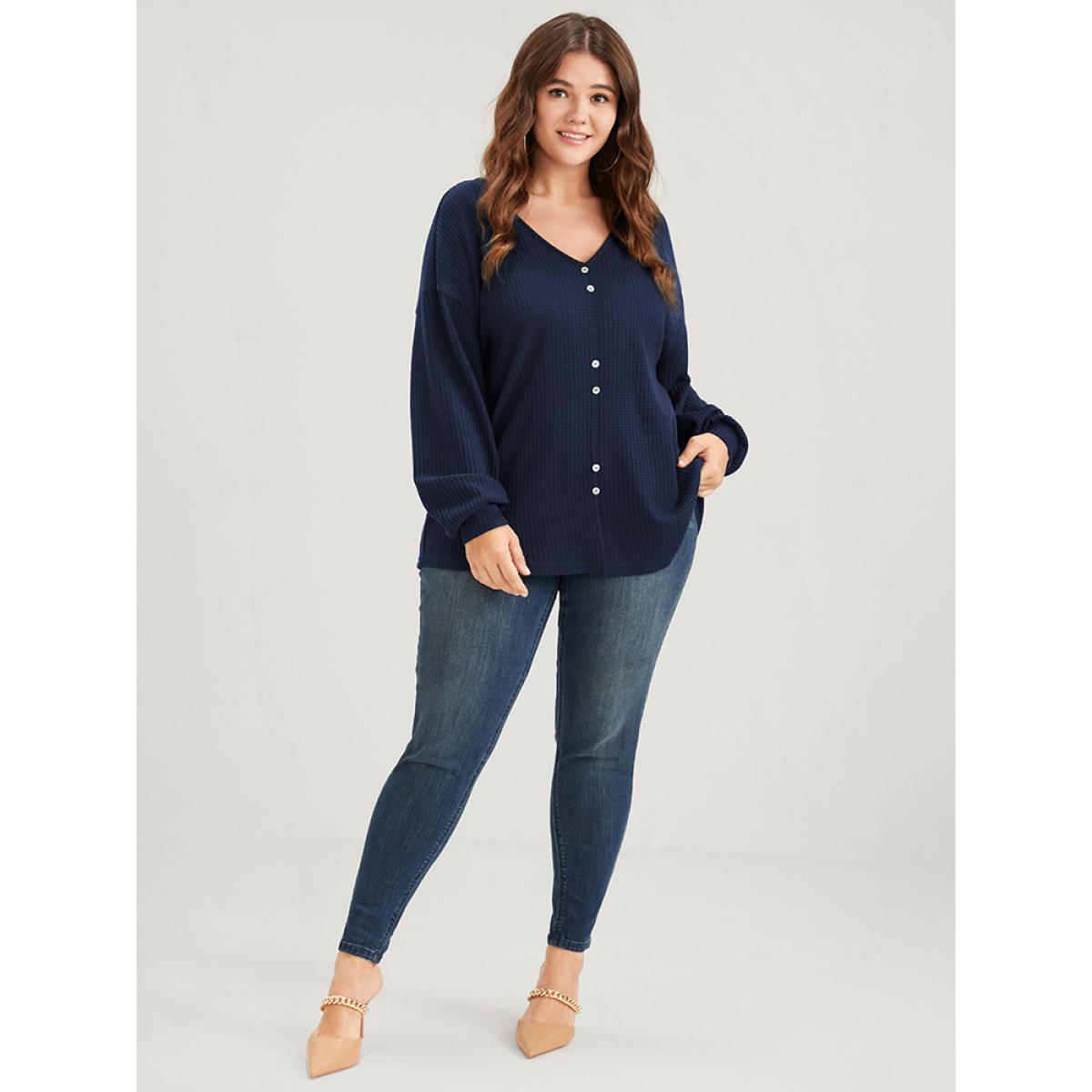 Plus Size Solid Fake Button Waffle Knit Drop Shoulder Sweatshirt Women DarkBlue Elegant Plain V-neck Dailywear Sweatshirts BloomChic 10/M Product Image