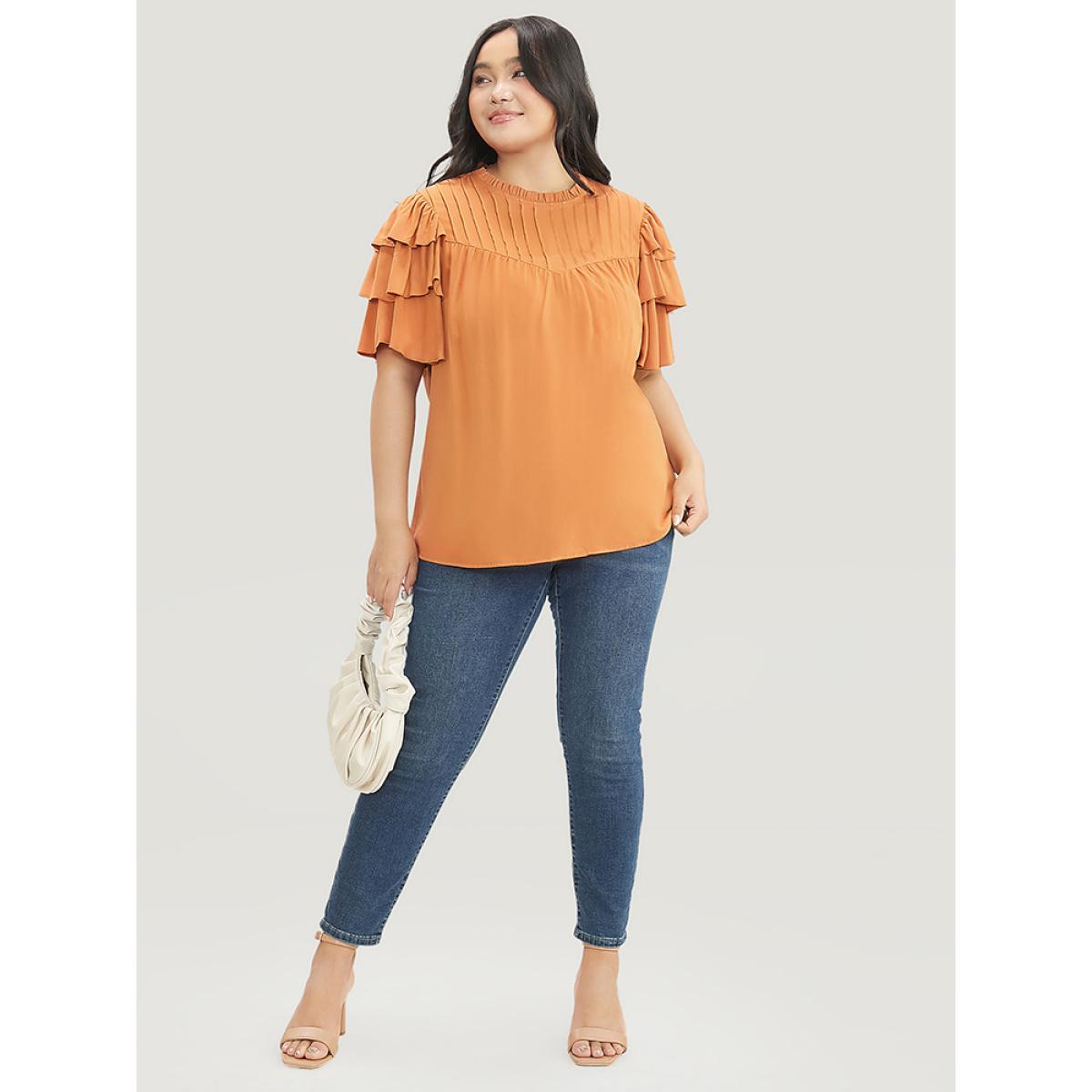 Plus Size Rust Solid Pleated Keyhole Ruffle Tiered Sleeve Frill Trim Blouse Women Elegant Short sleeve Round Neck Dailywear Blouses BloomChic 22-24/3X Product Image