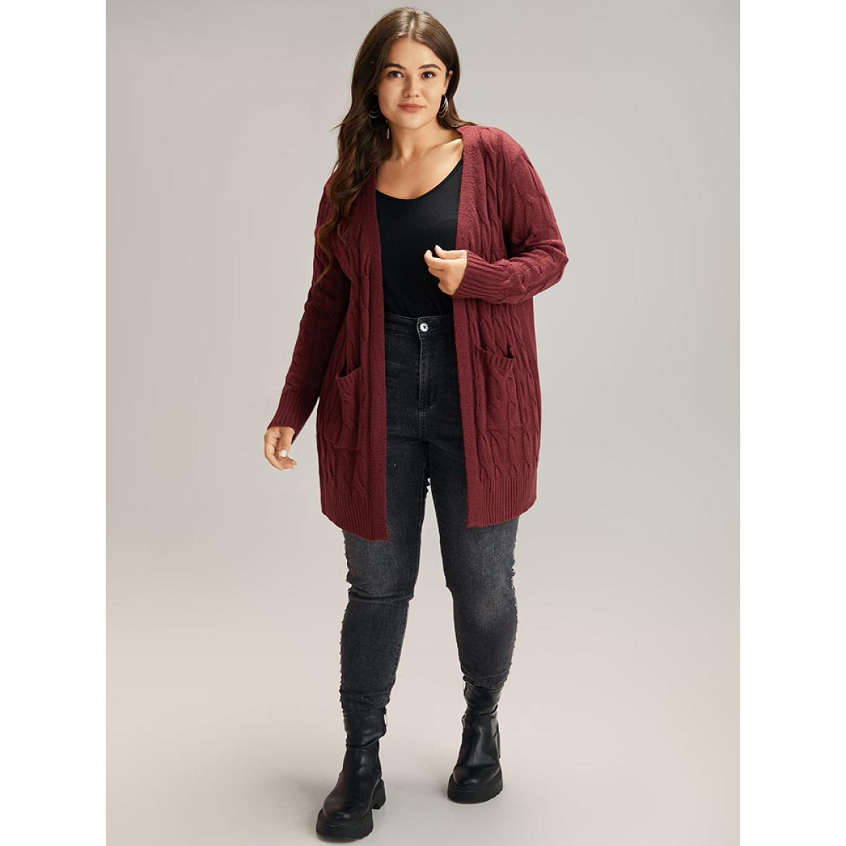 Plus Size Cable Knit Open Front Pocket Cardigan Scarlet Women Casual Loose Long Sleeve Everyday Cardigans BloomChic 10/M Product Image