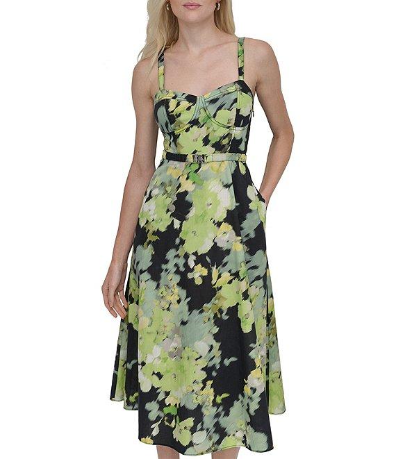DKNY by Donna Karan Cotton Poplin Floral Sweetheart Neck Sleeveless Belted A-Line Midi Dress Product Image