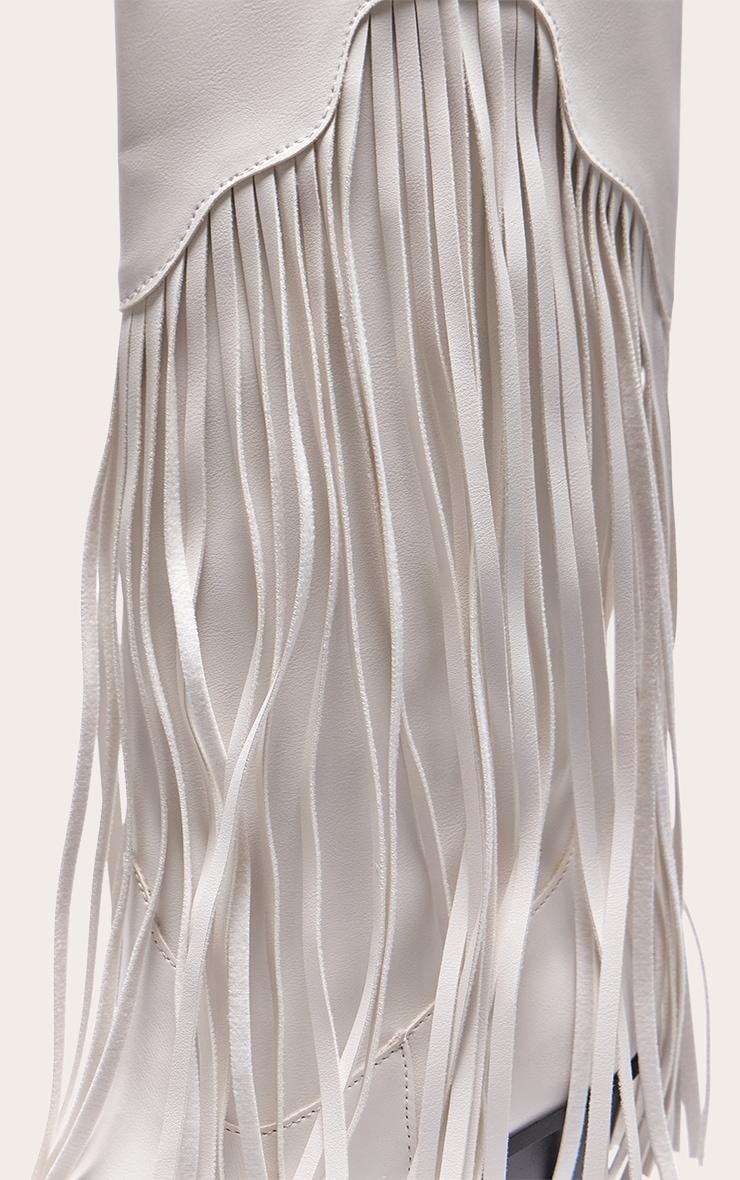 White PU Point Toe Tassel Fringed Block Heel Knee Western Boots Product Image