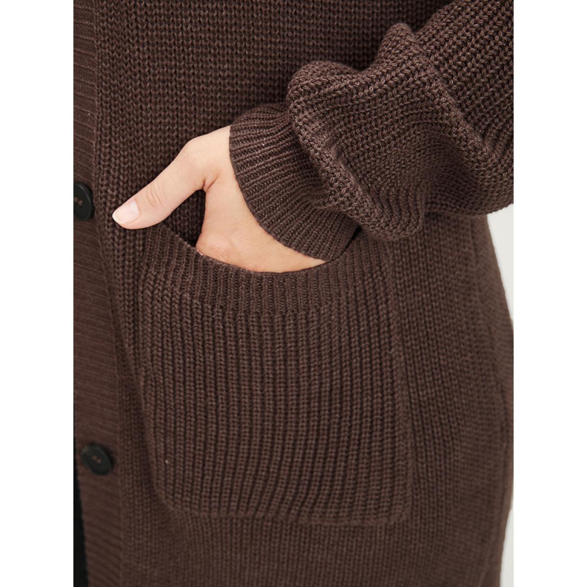 Plus Size Plain Pointelle Knit Split Hem Pocket Button Front Long Cardigan DarkBrown Women Casual Loose Long Sleeve Dailywear Cardigans BloomChic 14-16/1X Product Image